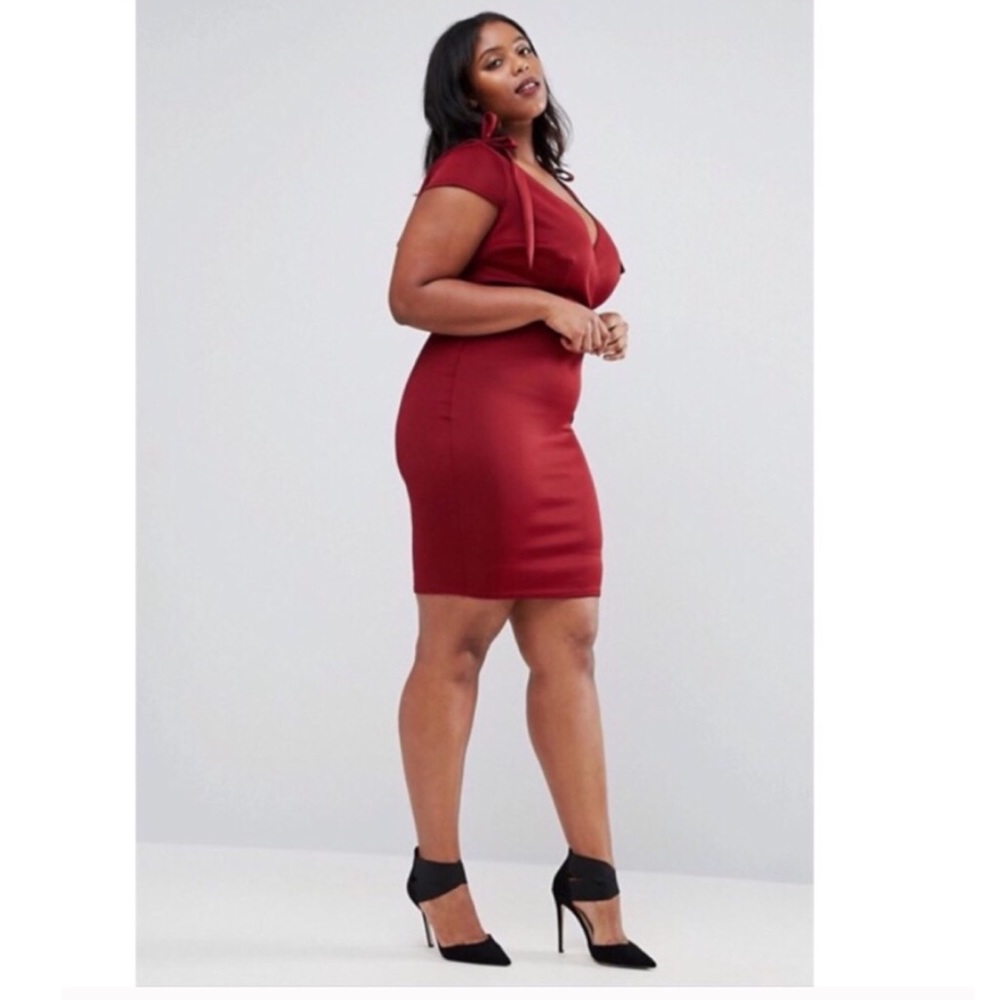 Asos Curve Tie Shoulder V-Neck Berry Mini Dress